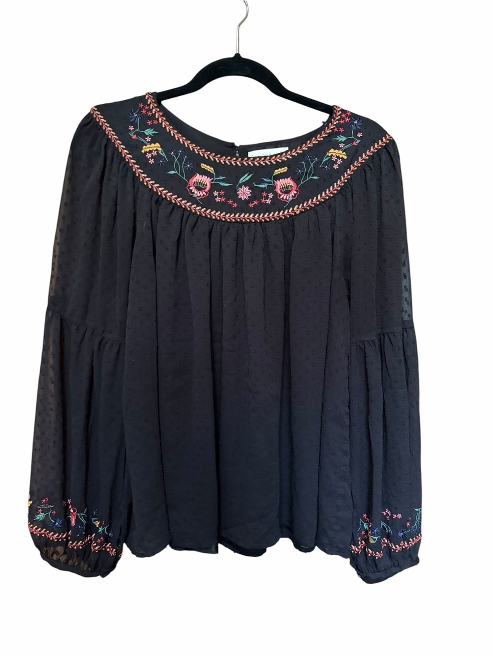 Boho Embroidered Black Peasant Blouse - Black